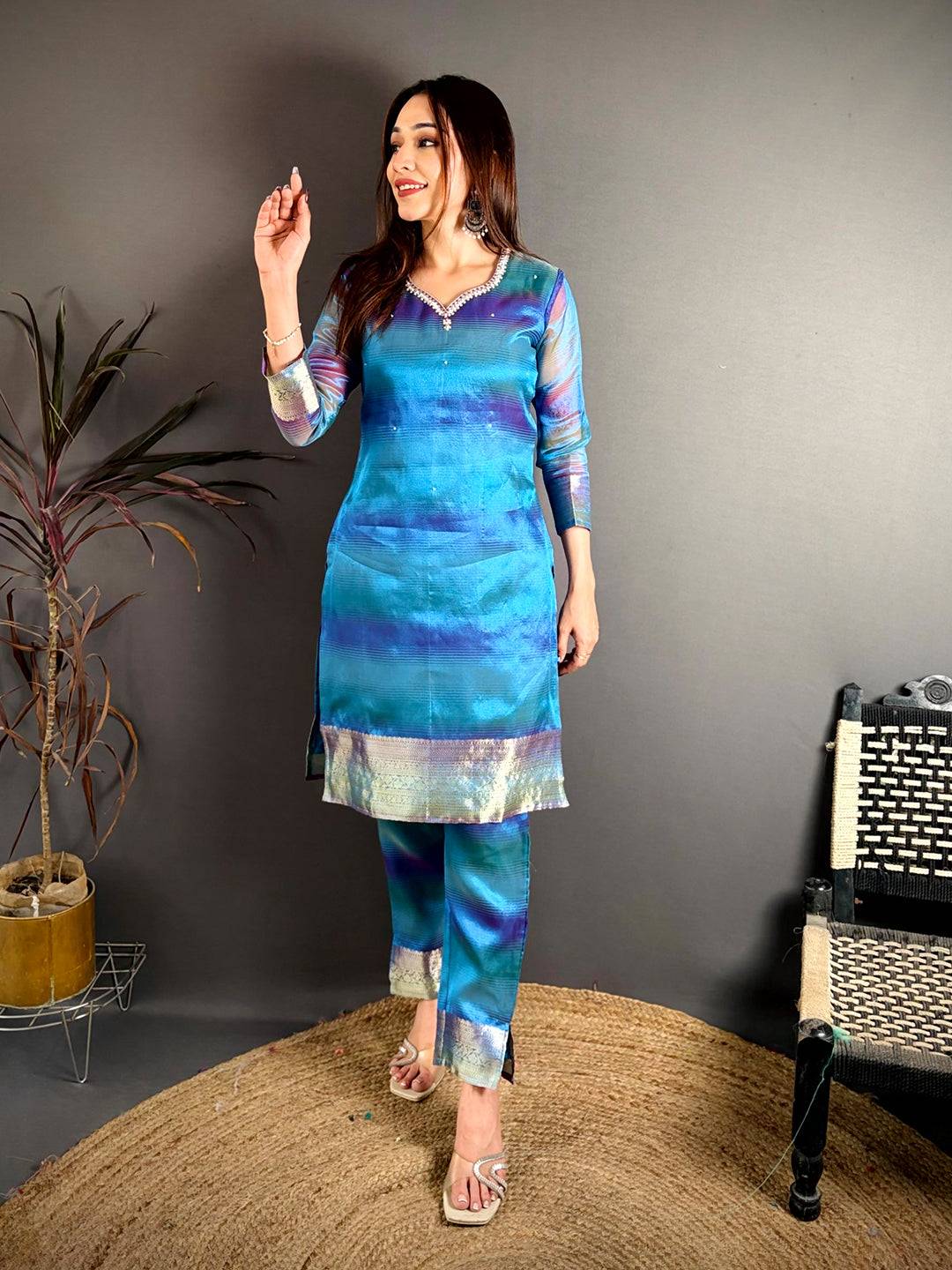 Classic Tissue Silk Paan Neck Kurti