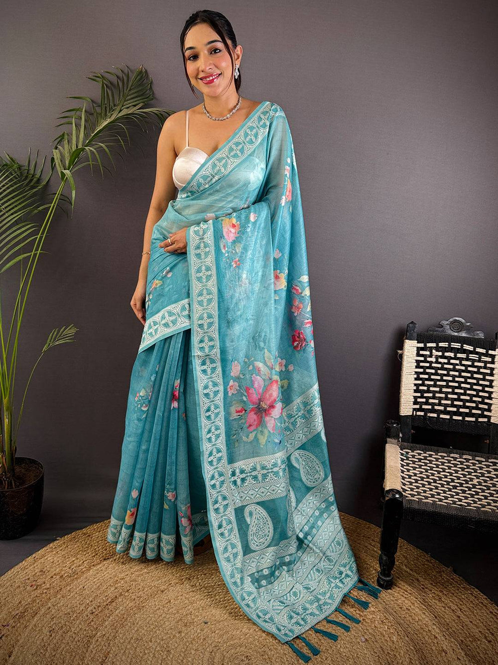 Sky Blue Lakhnavi Linen Digital Print Saree