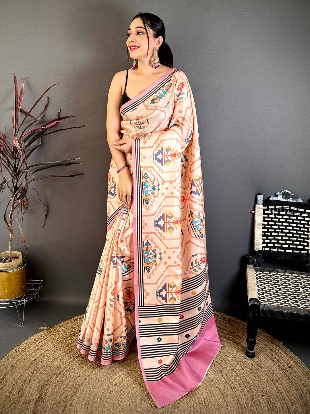Vibrant Kalamkari Geometric Tussar Saree