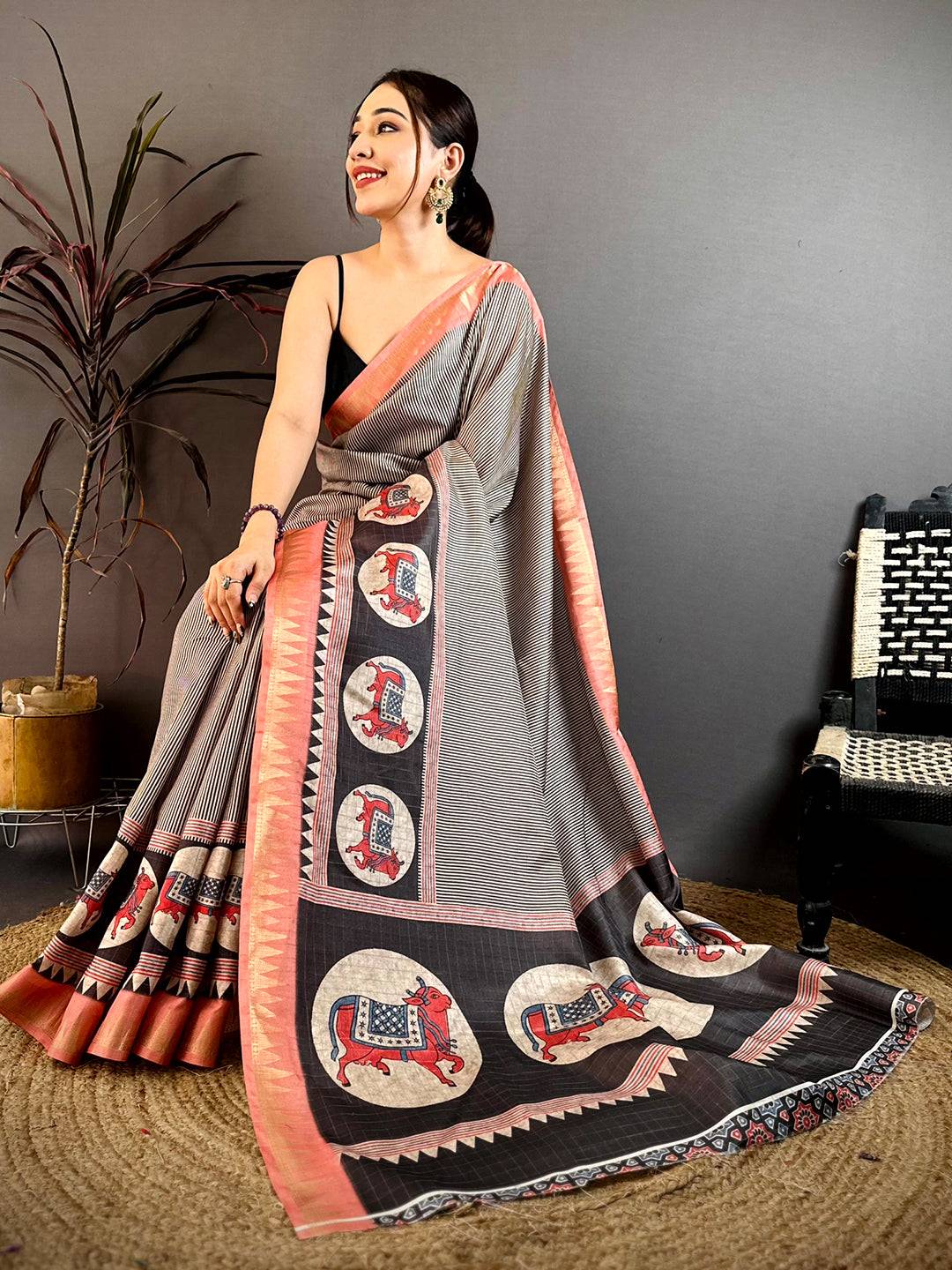 Regal Black Striped Tussar Saree