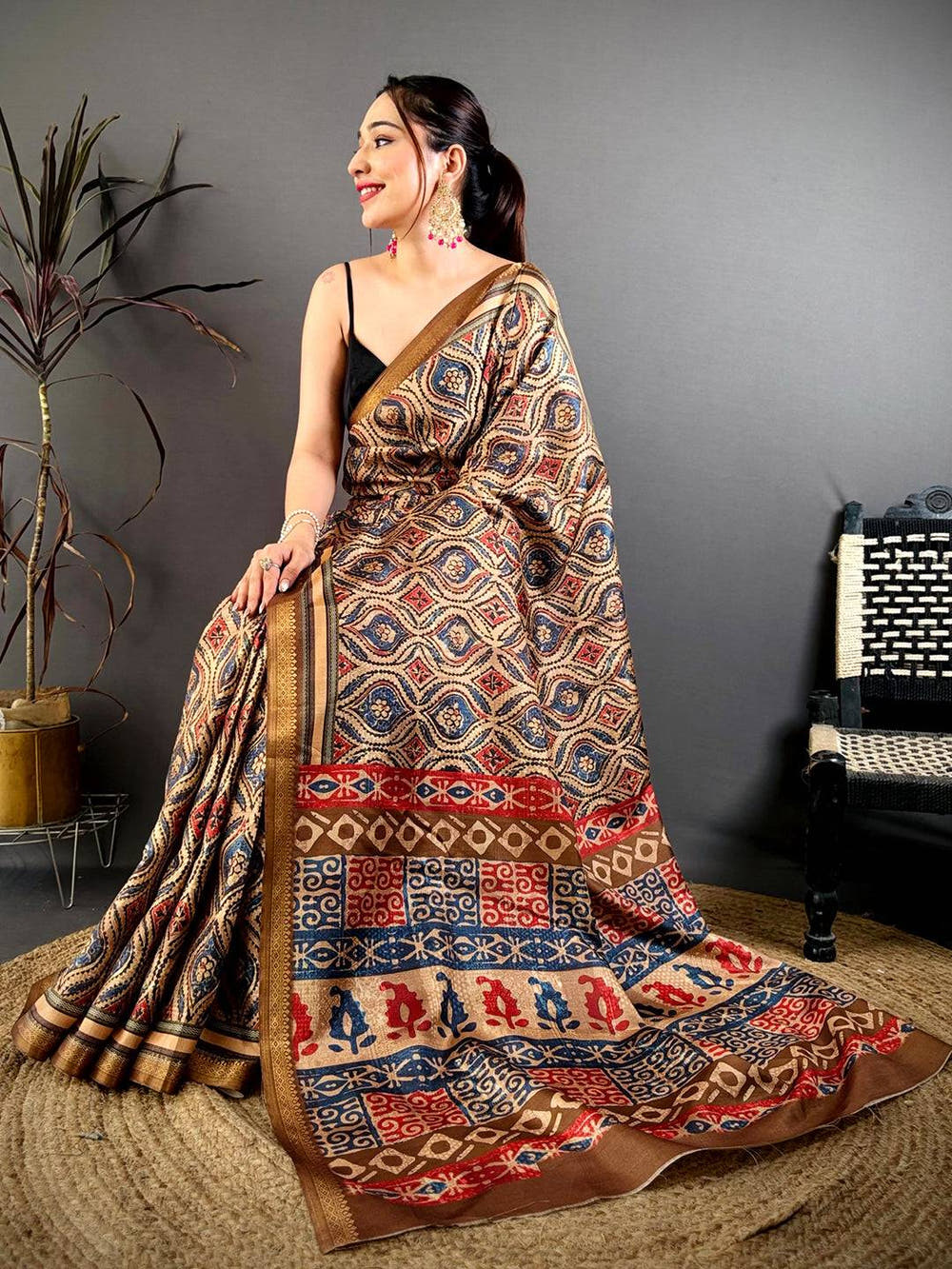 Royal Block Ajrakh Print Soft Tussar Saree