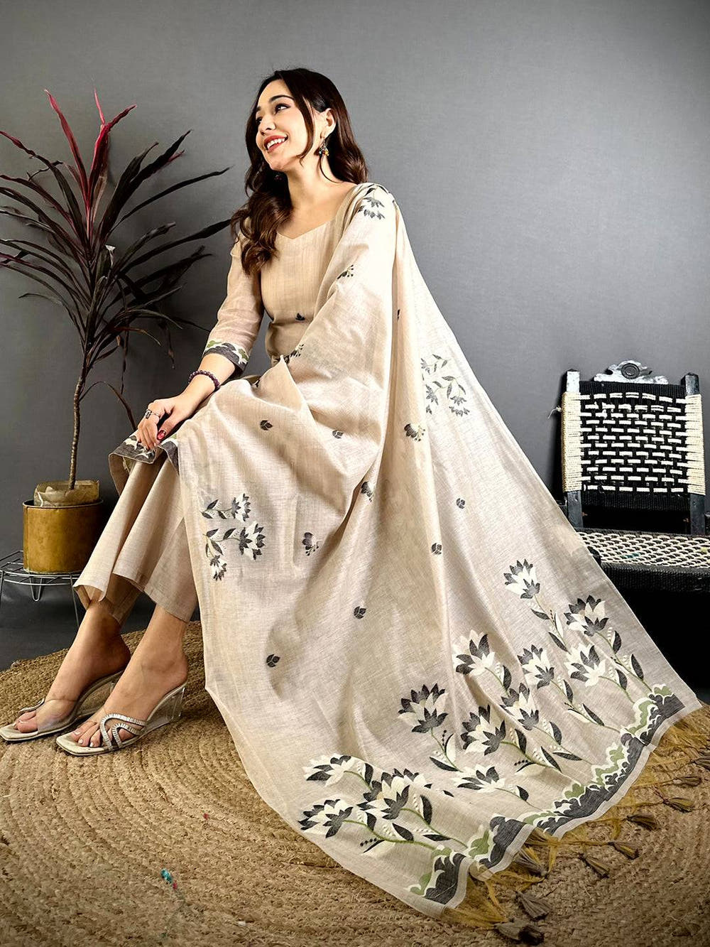 Classic Taupe Floral Cotton Dress