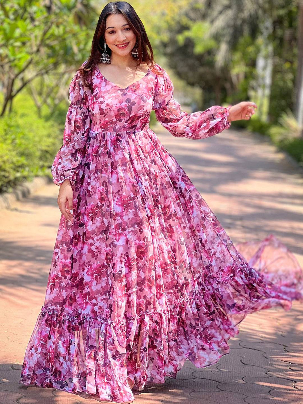 Elegant Wine Floral Bundl Print Dress in garden setting