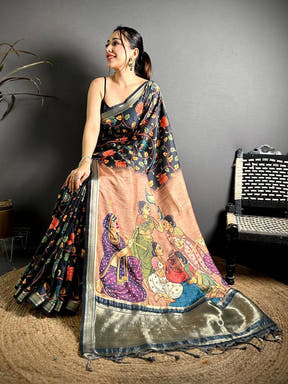 Soft Silk Kalamkari Gaji Lakda Patta Saree