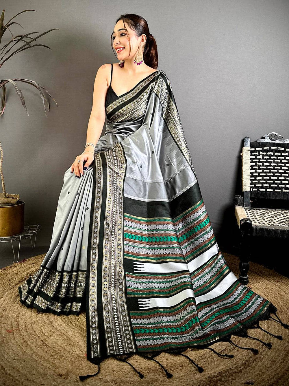 Grey Soft Silk Bomkai Zari Rich Pallu Saree