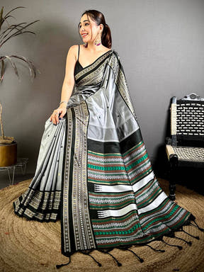 Grey Soft Silk Bomkai Zari Rich Pallu Saree
