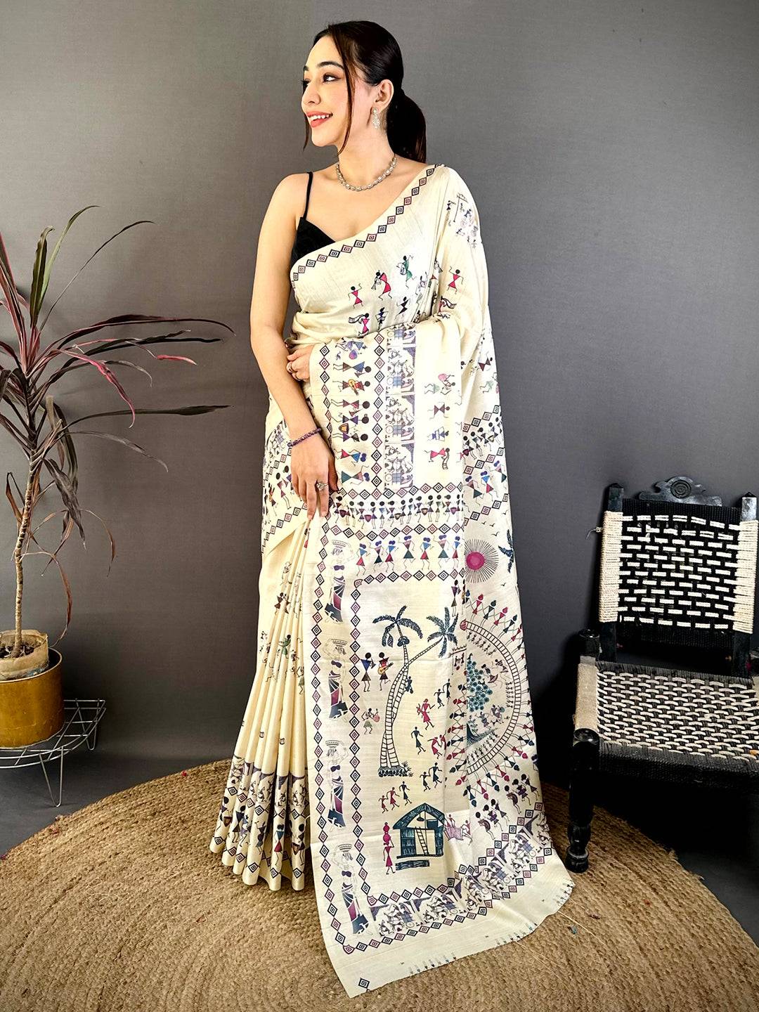 Stylish Soft Ghicha Tussar Warli Print Saree