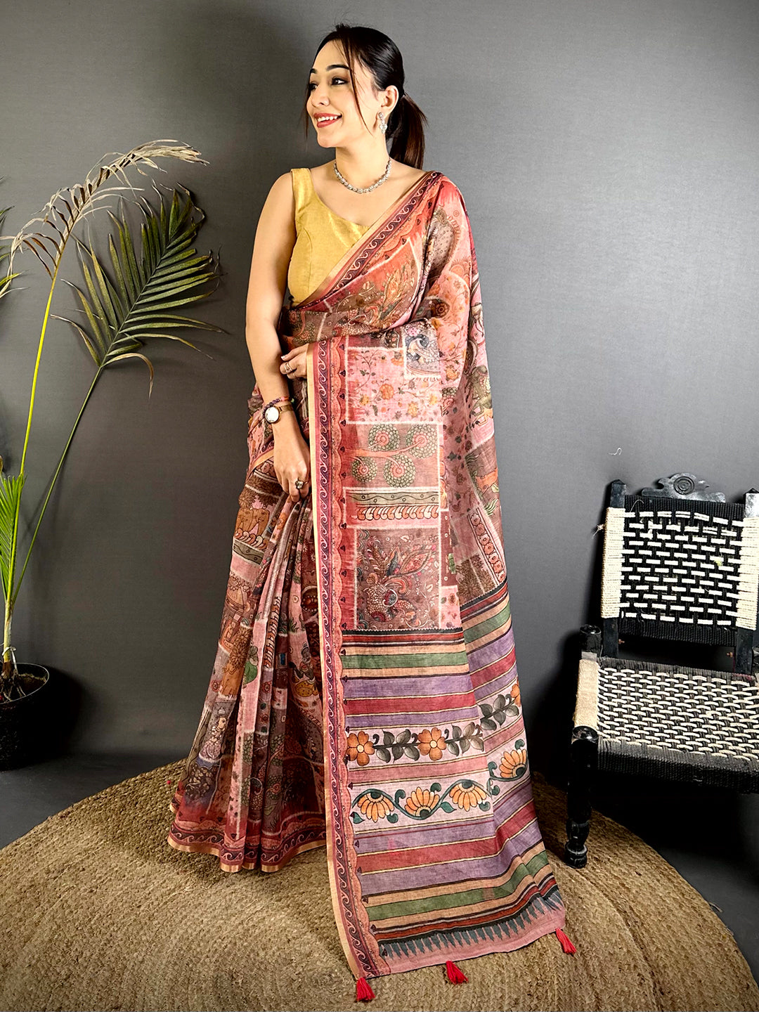 Radiant Minakari Kalamkari Linen Saree


