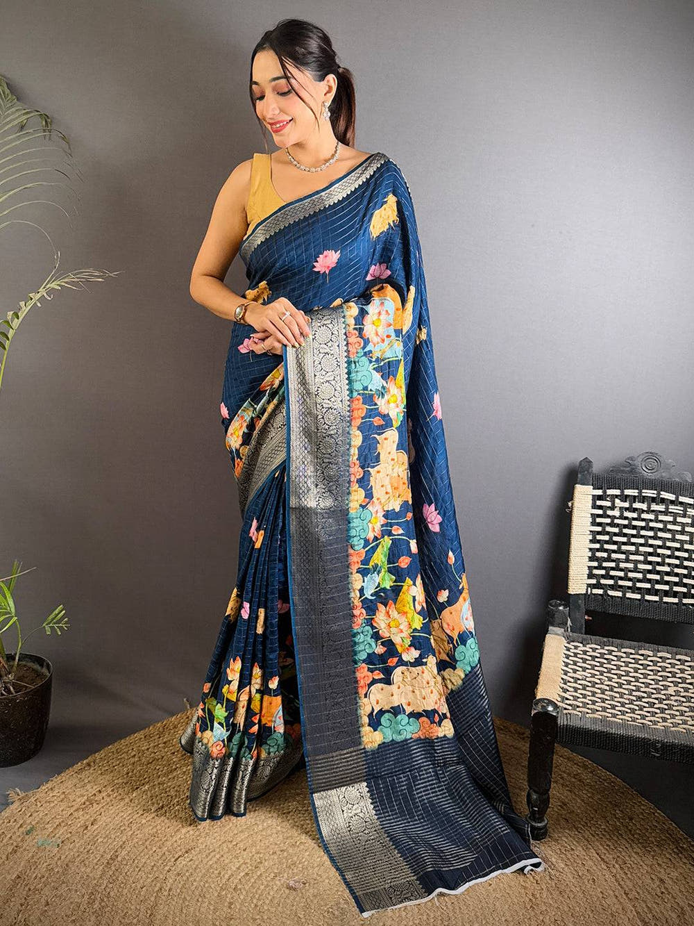 Elegant Teal Blue Viscose Kalamkari Saree