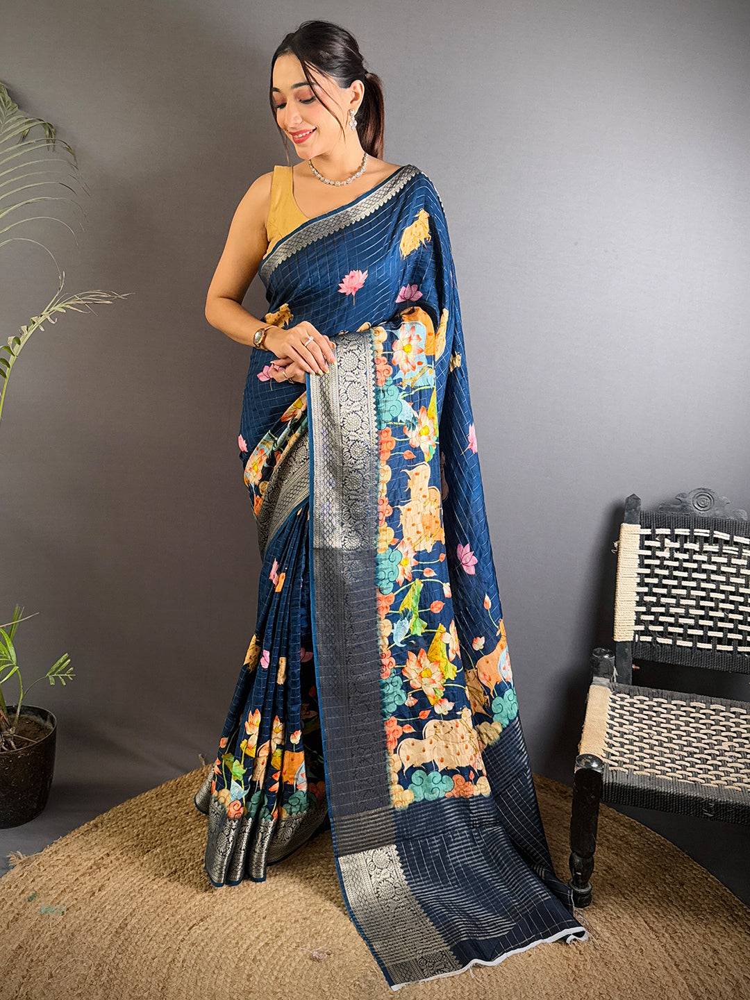 Elegant Teal Blue Viscose Kalamkari Saree