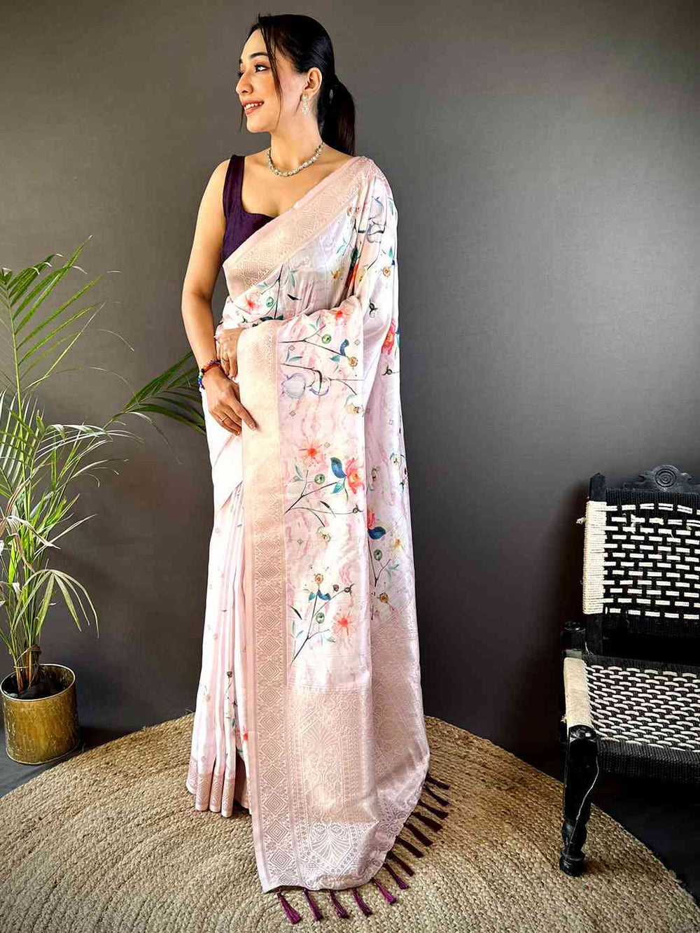 Baby Pink Floral Gold Zari Slub Silk Saree