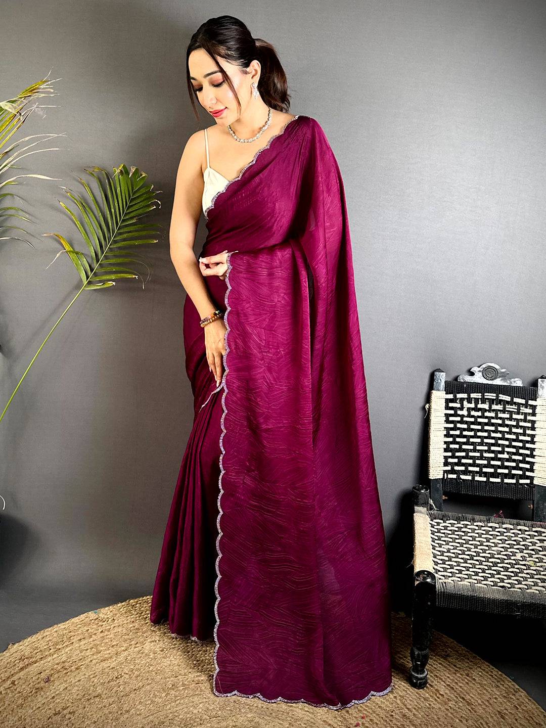 Magenta Stone Work Silk Crush Saree

