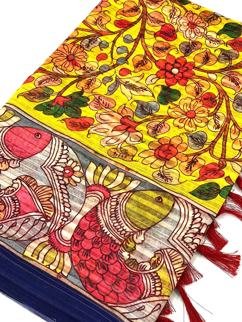 Close-up of Kalamkari print on yellow linen saree