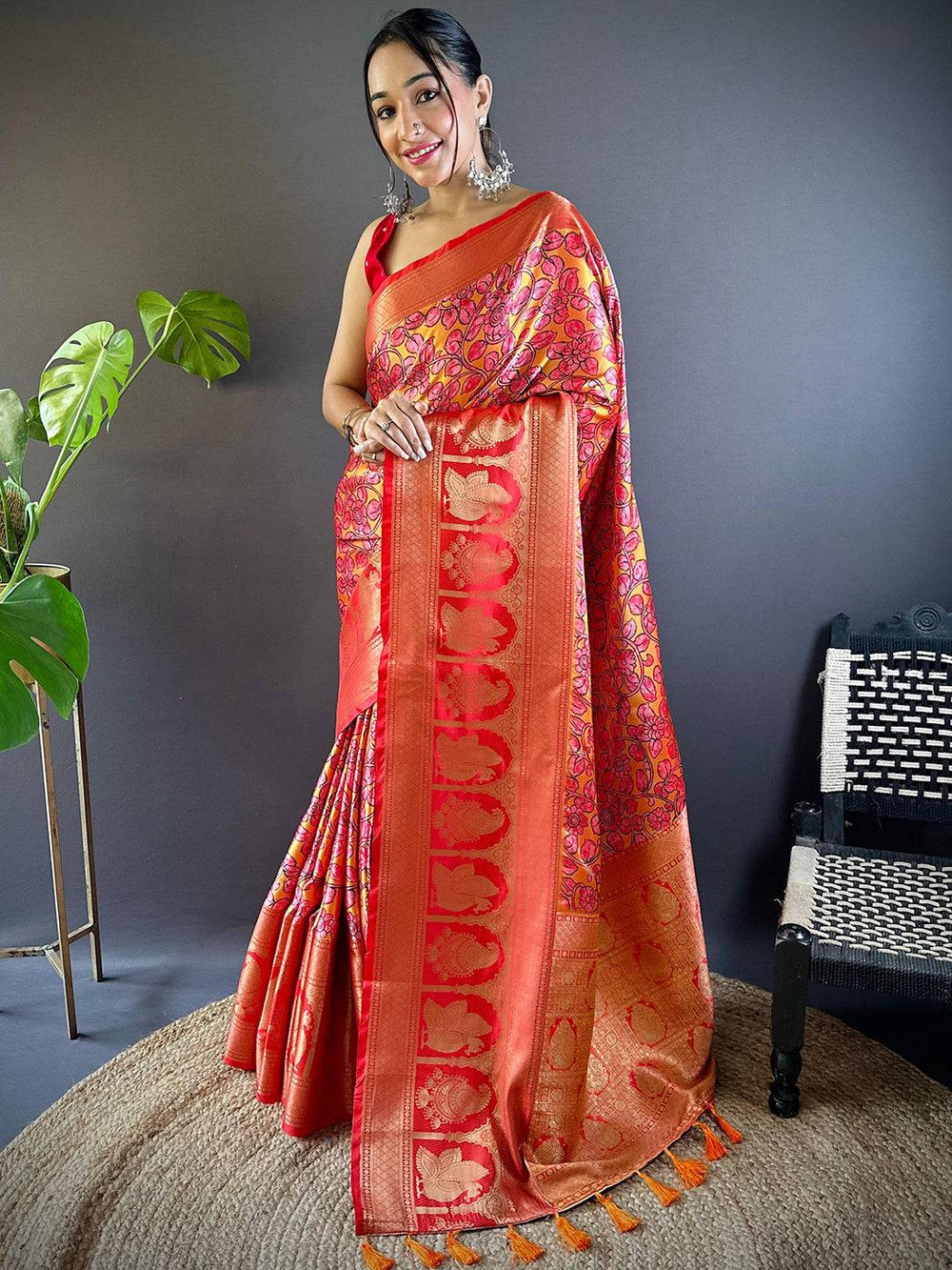 Yellow Charry Satin Floral Saree