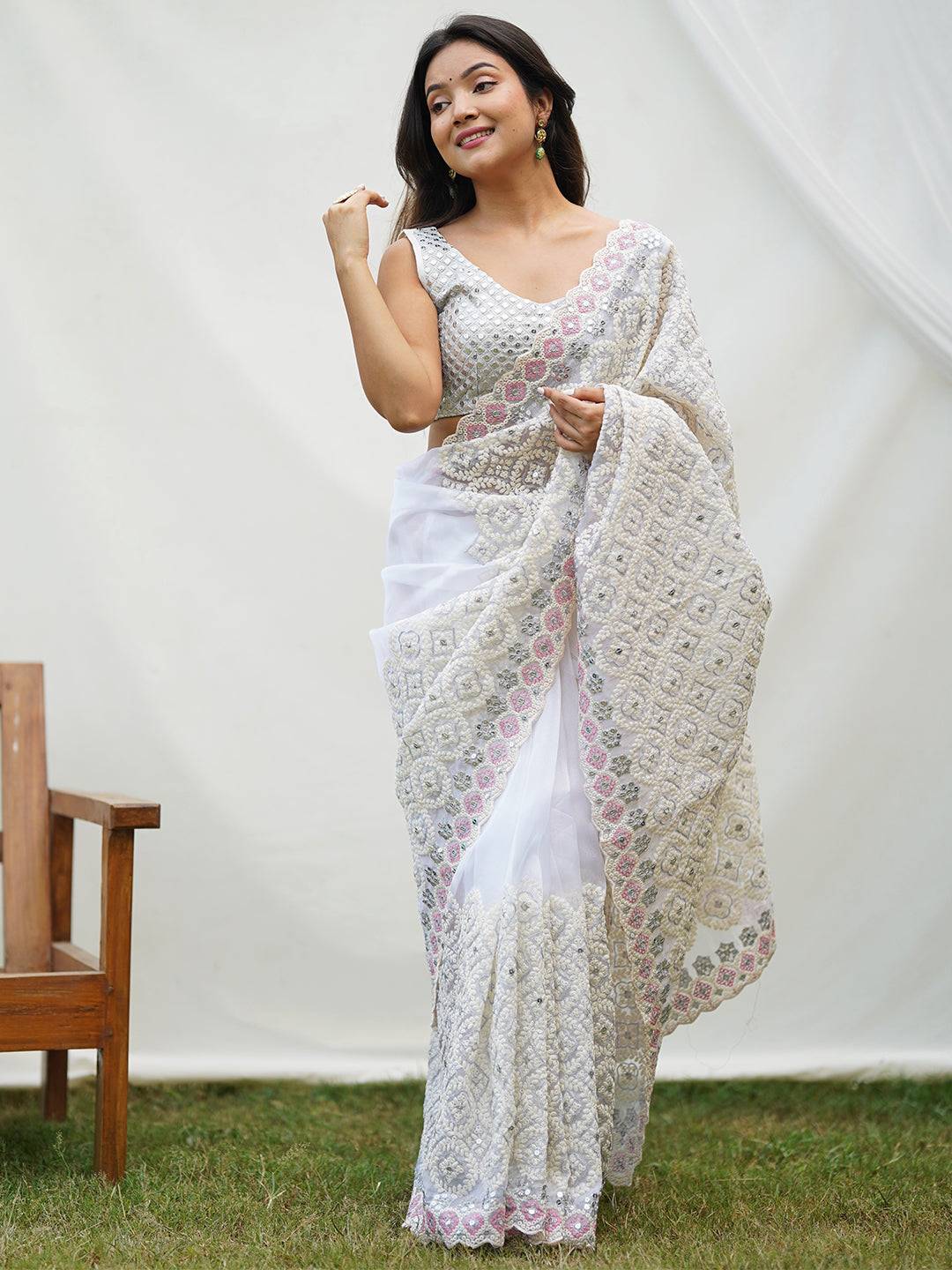 Organza Silk Saree with Chikankari and Sequins Embellishment 