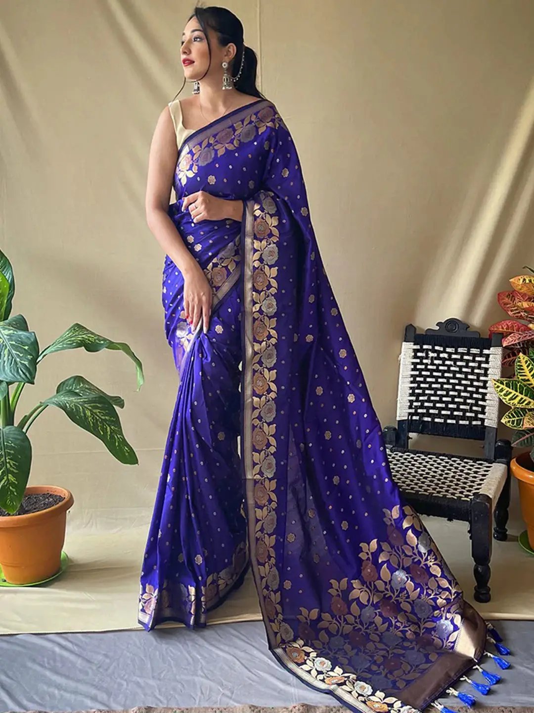 Elegant royal blue Banarasi silk saree with intricate zari work
