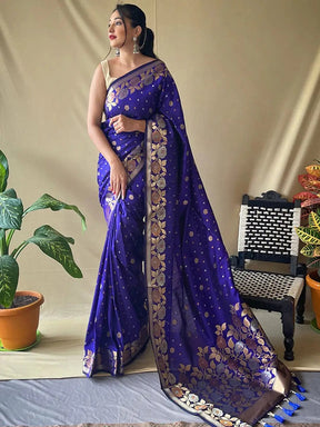 Elegant royal blue Banarasi silk saree with intricate zari work