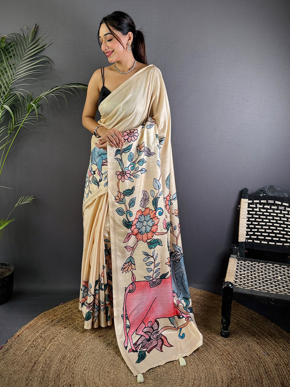 Kalamkari Printed Cream Ghicha Saree
