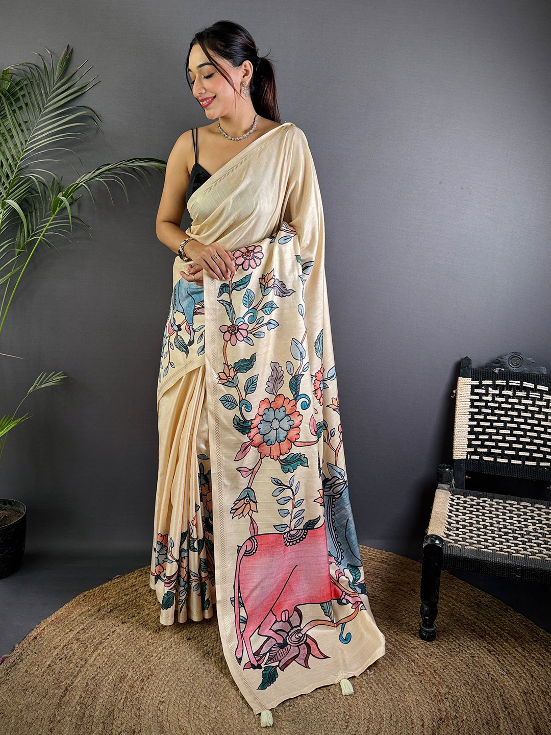Kalamkari Printed Cream Ghicha Saree