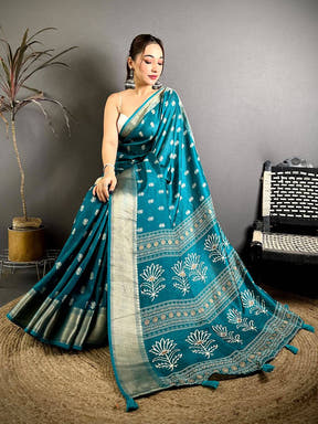Teal Dola Block Print Zari Border Saree