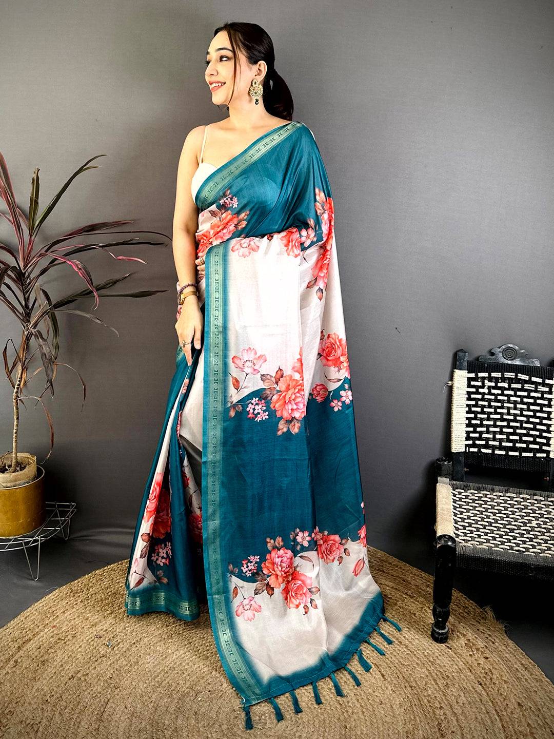 Rama Soft Silk Floral Lehriya Print Saree