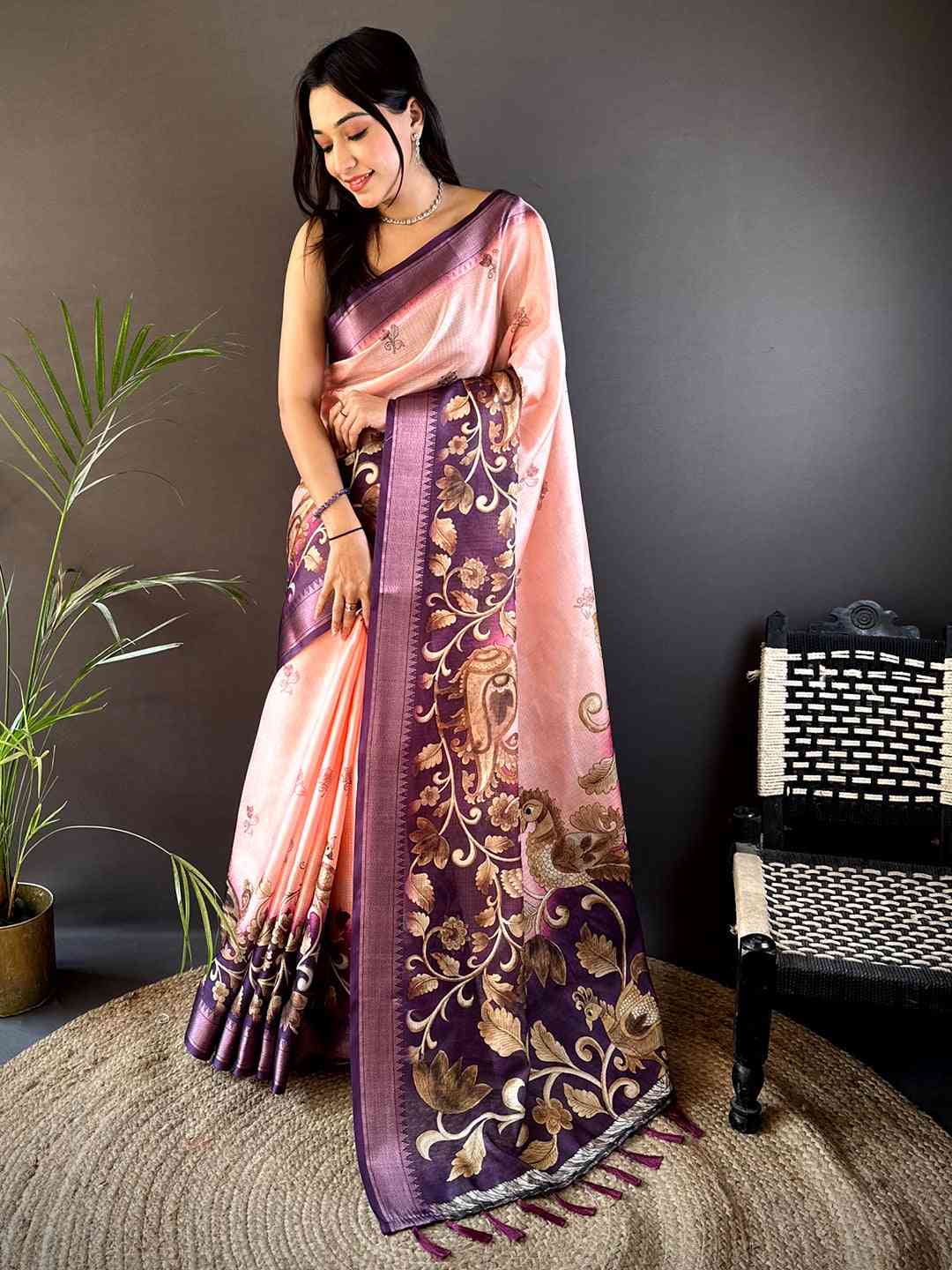 Pastel Pink Kota Doriya Zari Weave Digital Print Saree