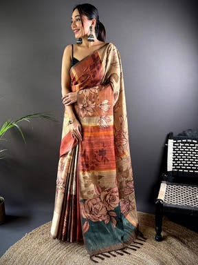 Coffee Brown Semi Gold Zari Tussar Saree