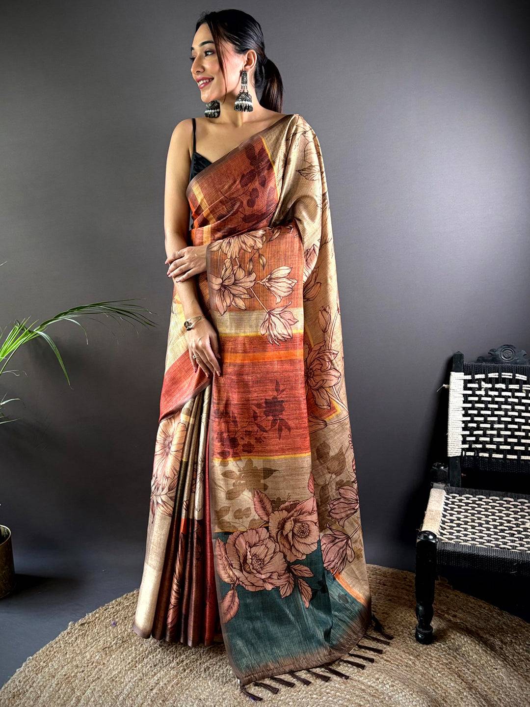 Coffee Brown Semi Gold Zari Tussar Saree