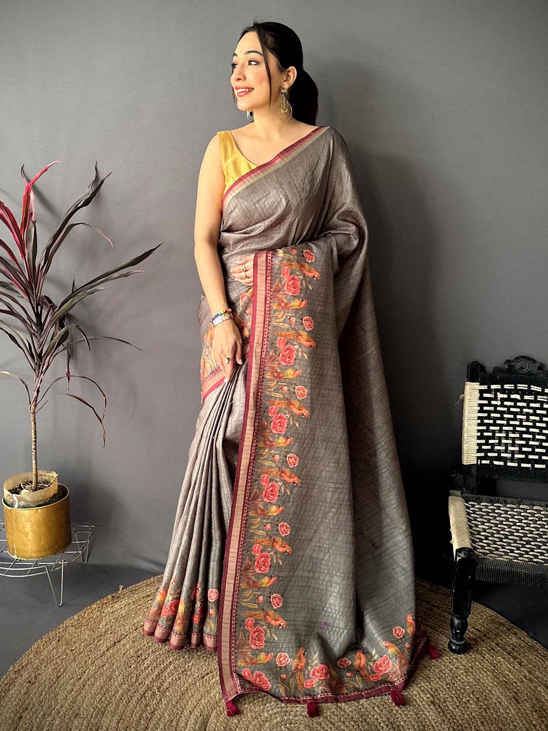 Regal Grey Ghicha Munga Saree


