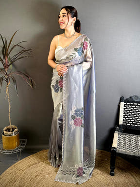Elegant Brush Painted Floral Butta Zarkond Saree