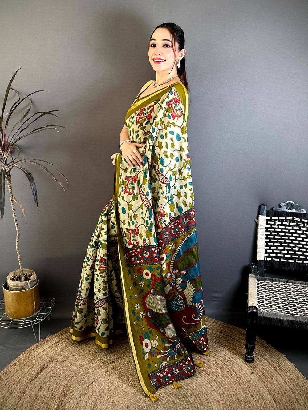 Royal Mul Cotton Elephant Kalamkari Print Saree