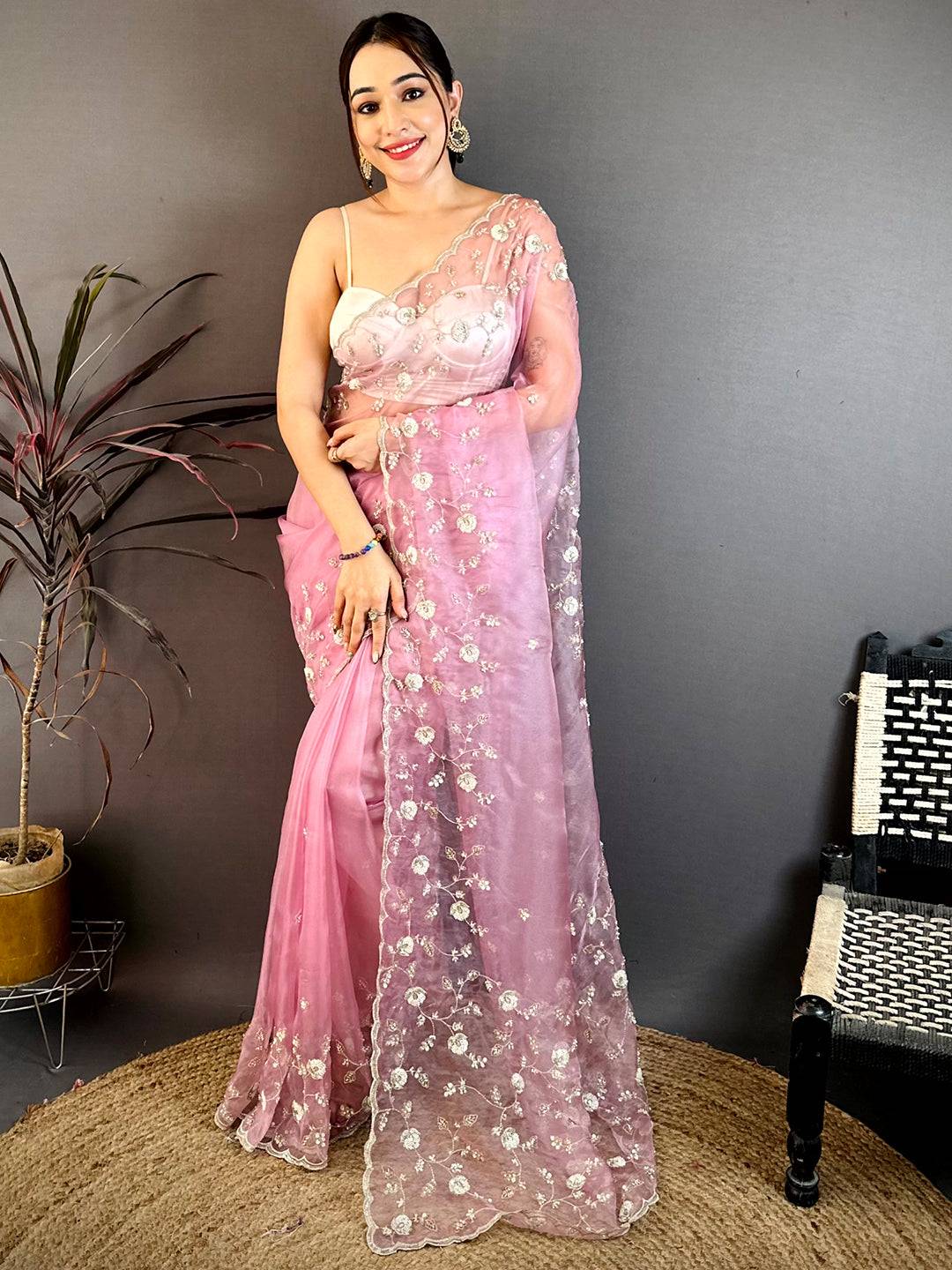 Pink Pearl Sequin Embroidered Organza Saree