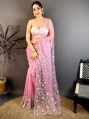 Pink Pearl Sequin Embroidered Organza Saree