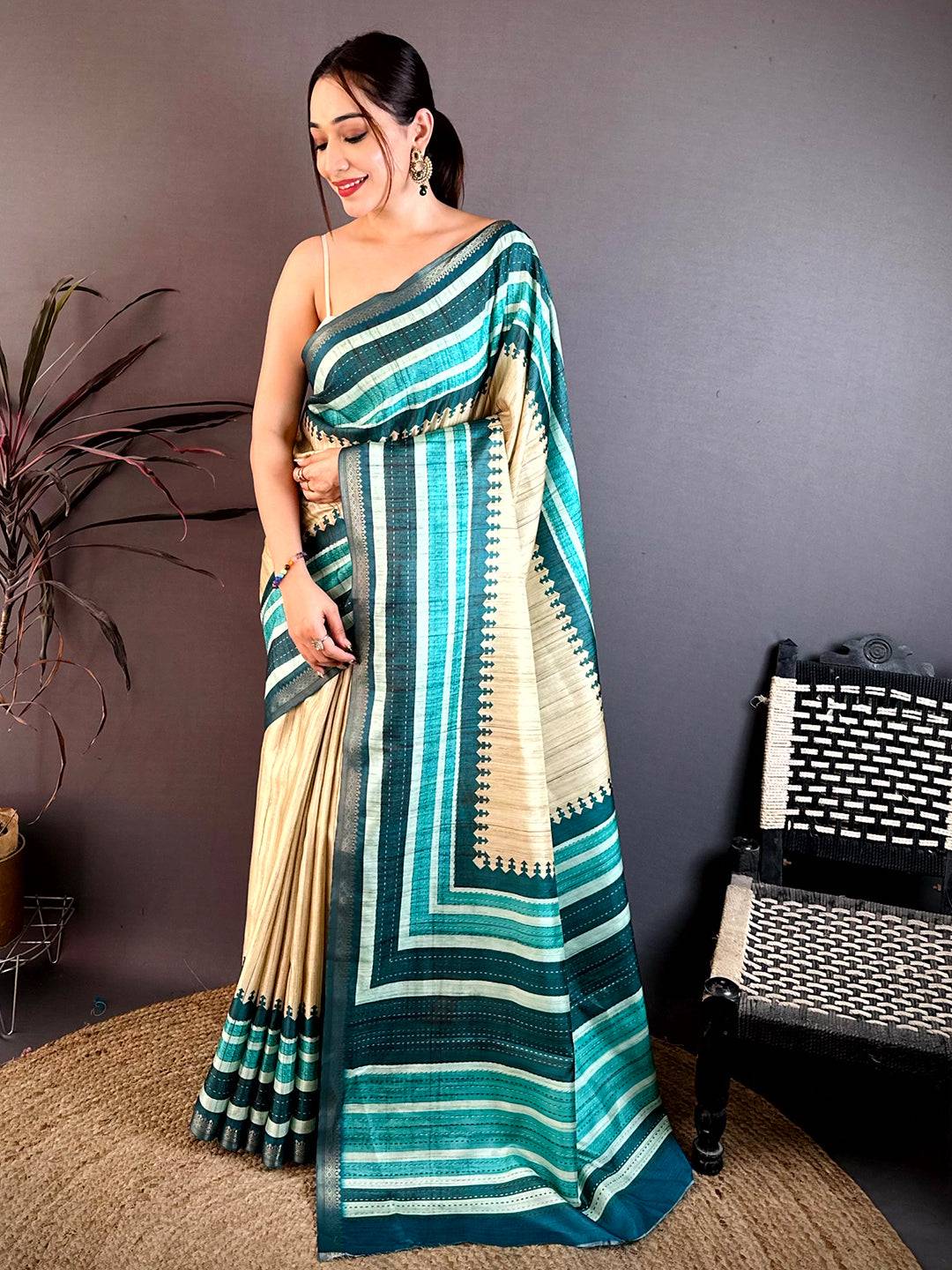Elegant Soft Tussar Kantha Print Saree