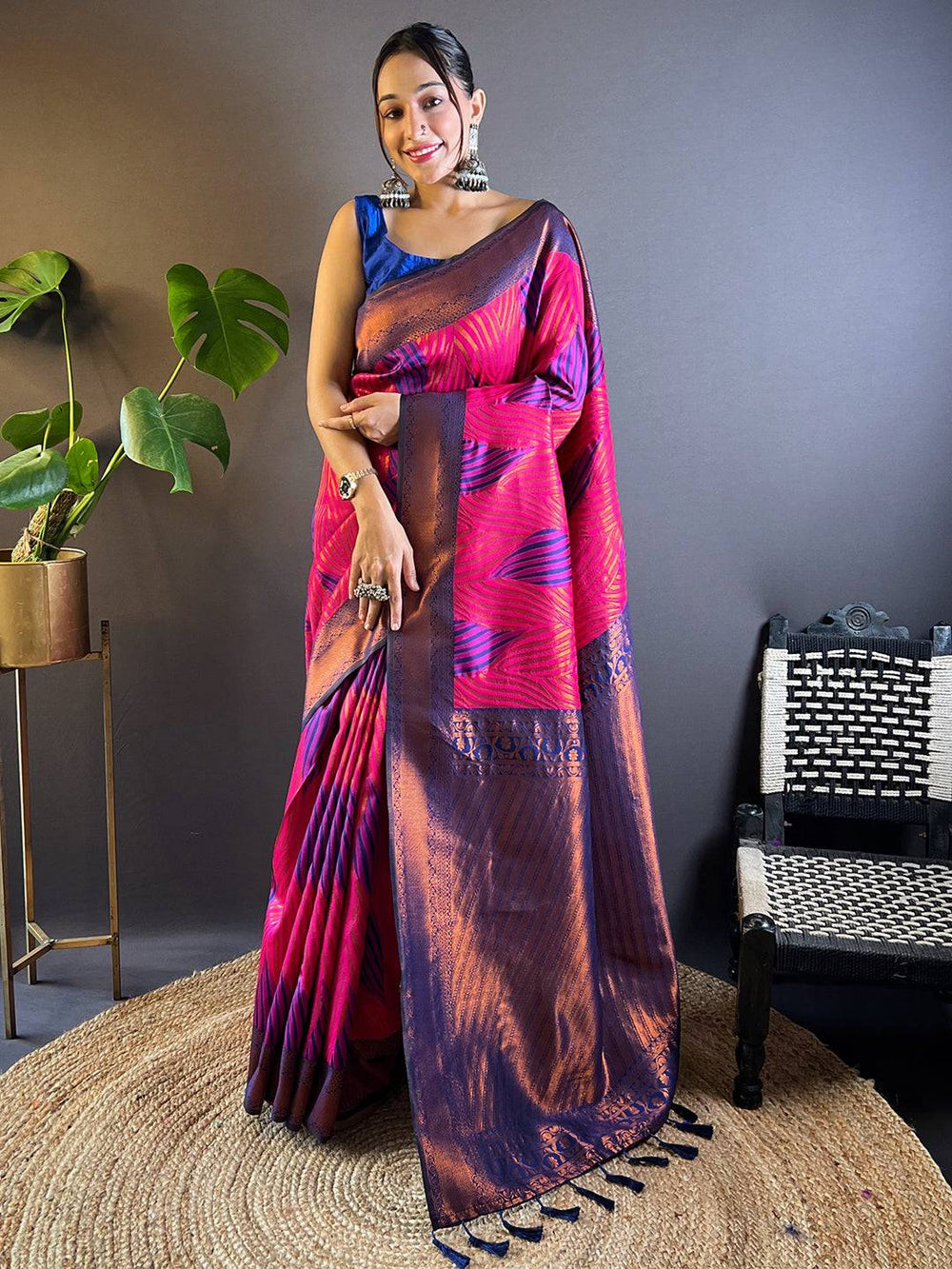 Elegant Rani Tussar Silk Ikkat Saree Display