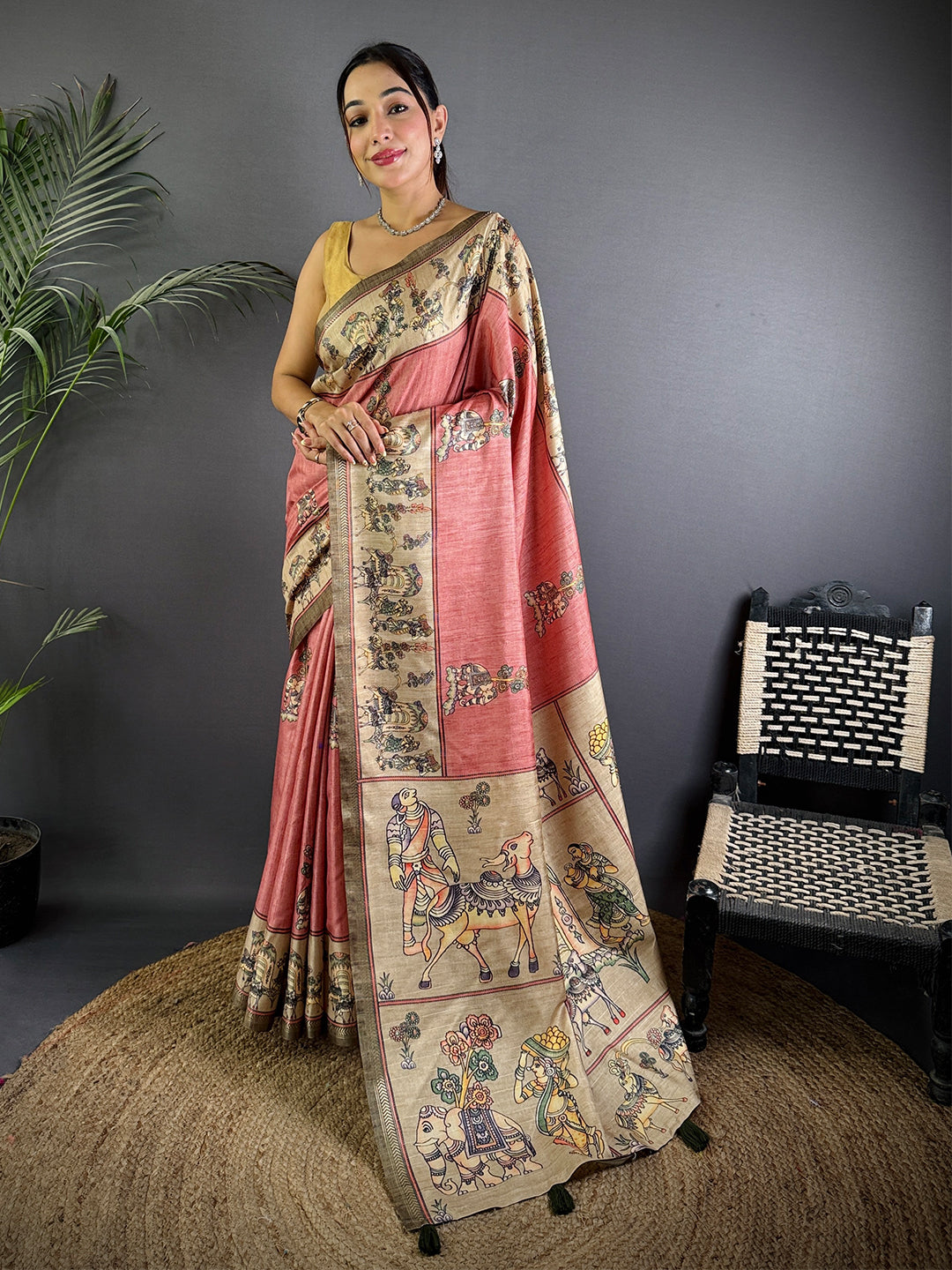 Dusty Pink Digital Kalamkari Printed Saree