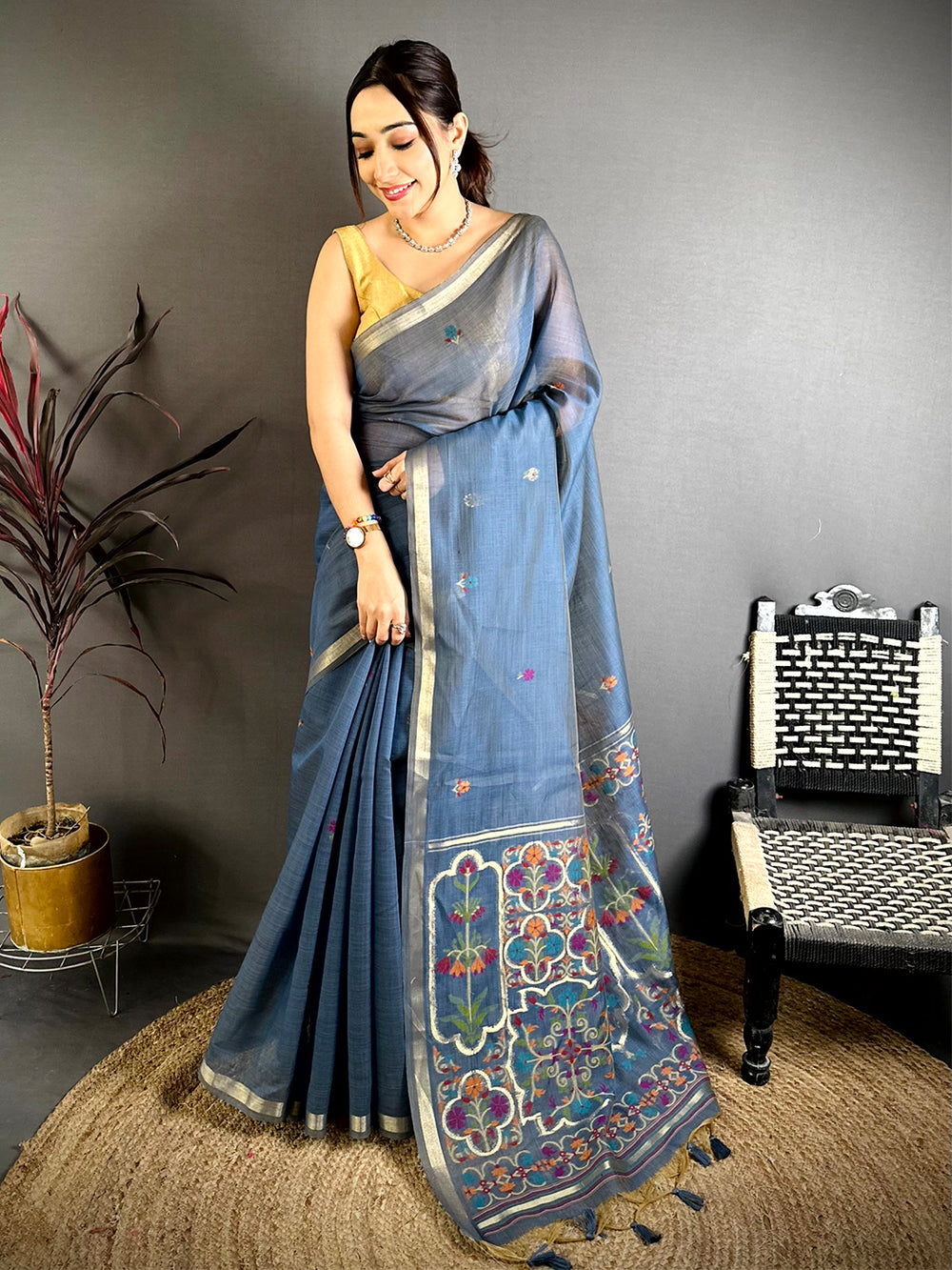 Navy Minakari Khadi Cotton Saree