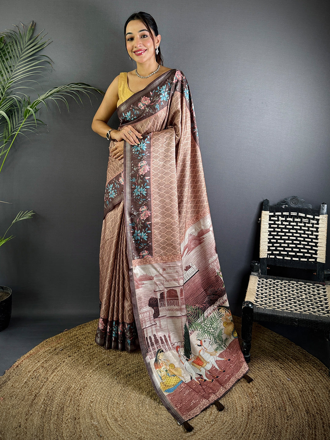 Coffee Brown Geometric Ghicha Silk Saree