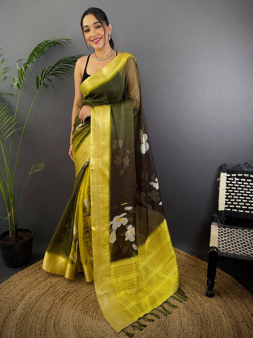 Olive Green Soft Organza Digital Print Saree