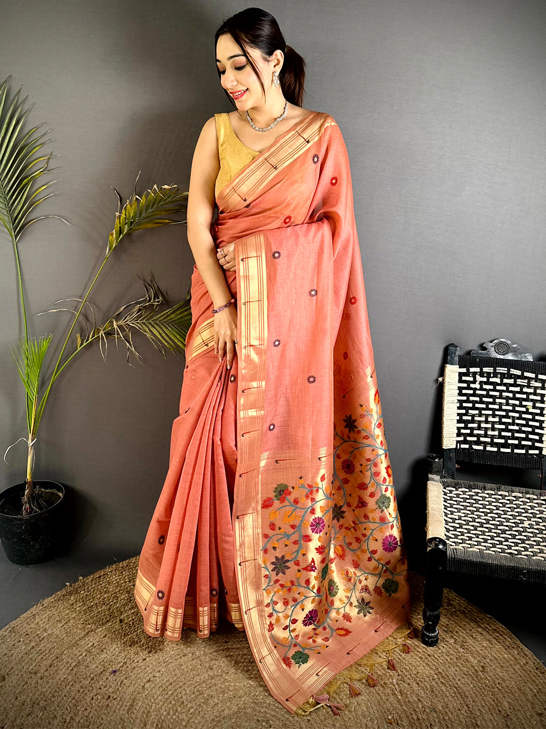 Aura Pink Minakari Butti Linen Saree