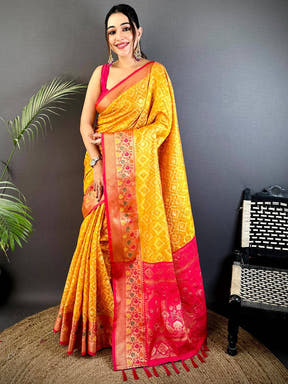 Yellow Banarasi Minakari Katan Silk Saree


