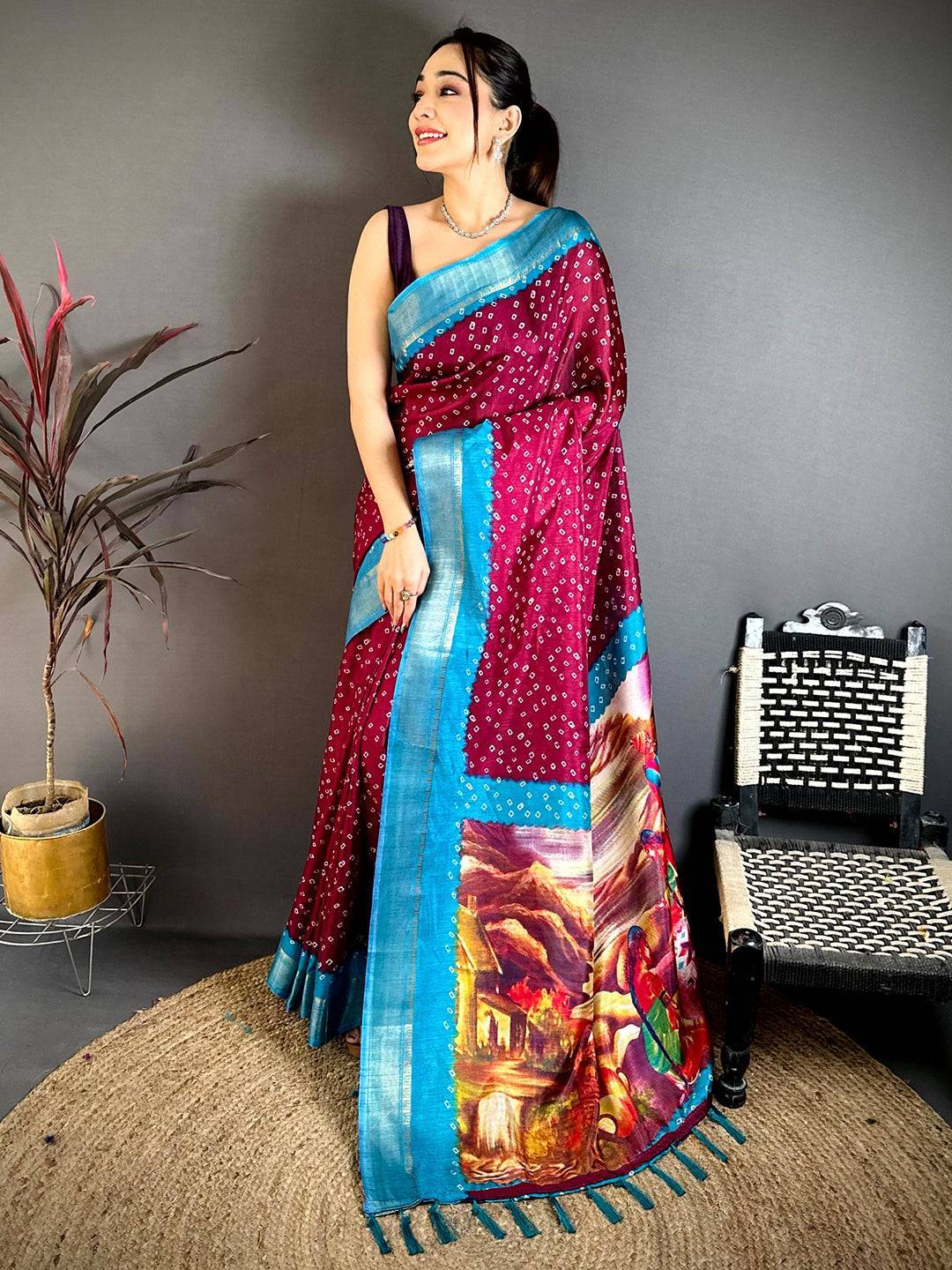 Maroon Bandhej Fusion Dola Print Saree