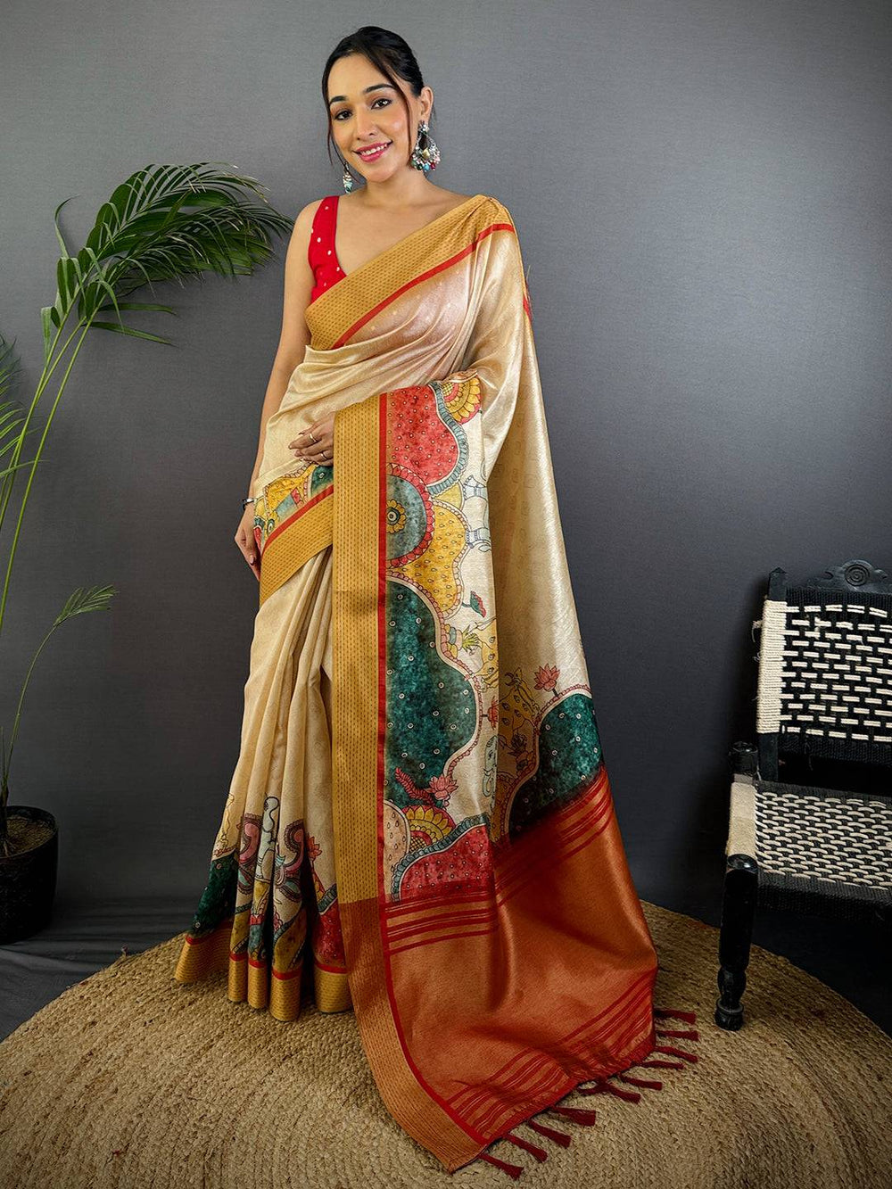 Cream Tussar Silk Kalamkari Print Saree