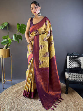 Olive Tussar Silk Zari Weaving Ikkat Saree

