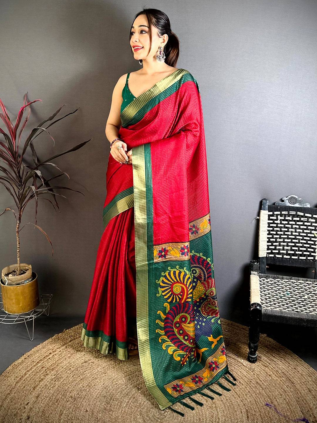 Red Tussar Zari Chex Kalamkari Saree