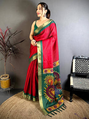 Red Tussar Zari Chex Kalamkari Saree