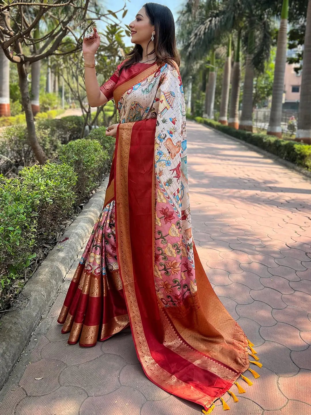 Traditional Banarasi saree in vibrant colors with detailed patterns