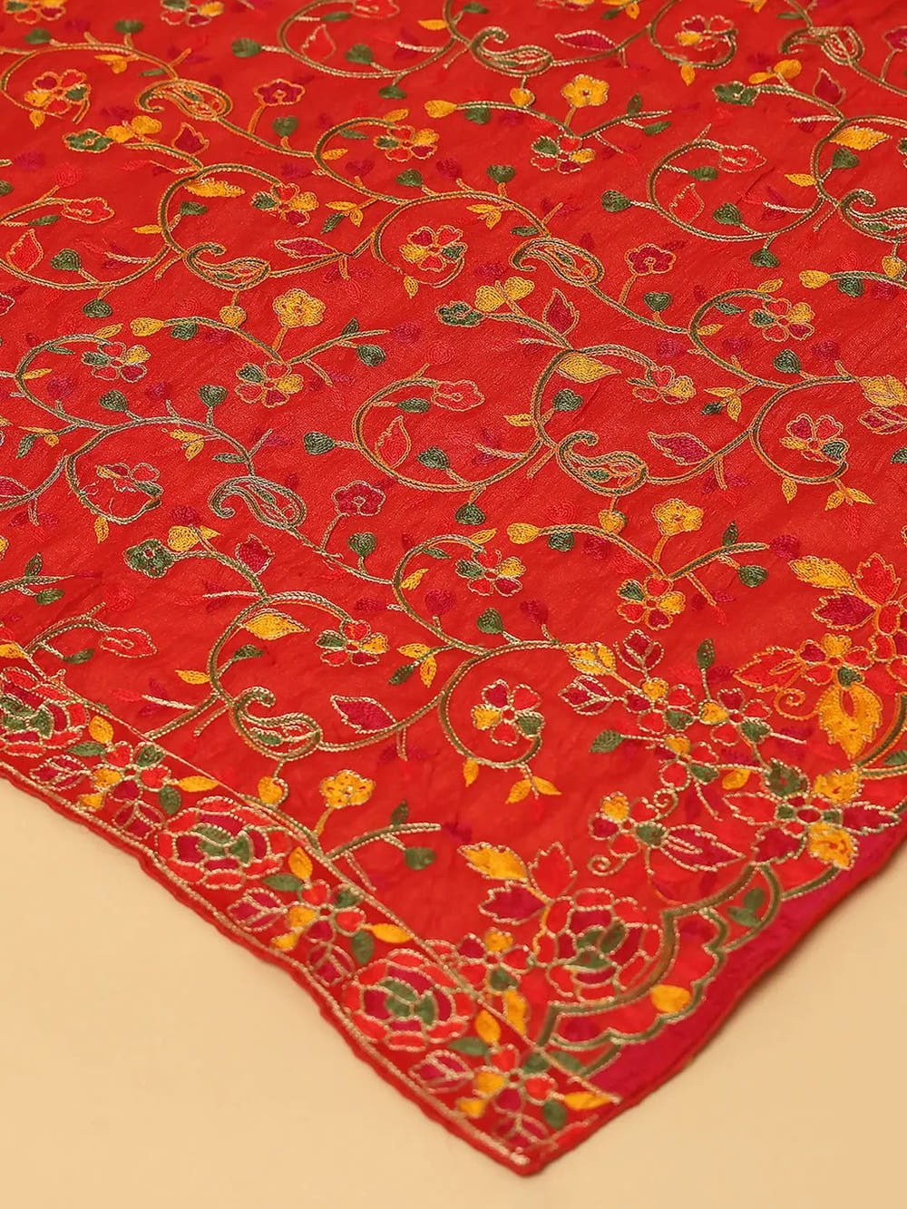 Close-up of Threadwork on Red Poly Chiffon Dupatta
