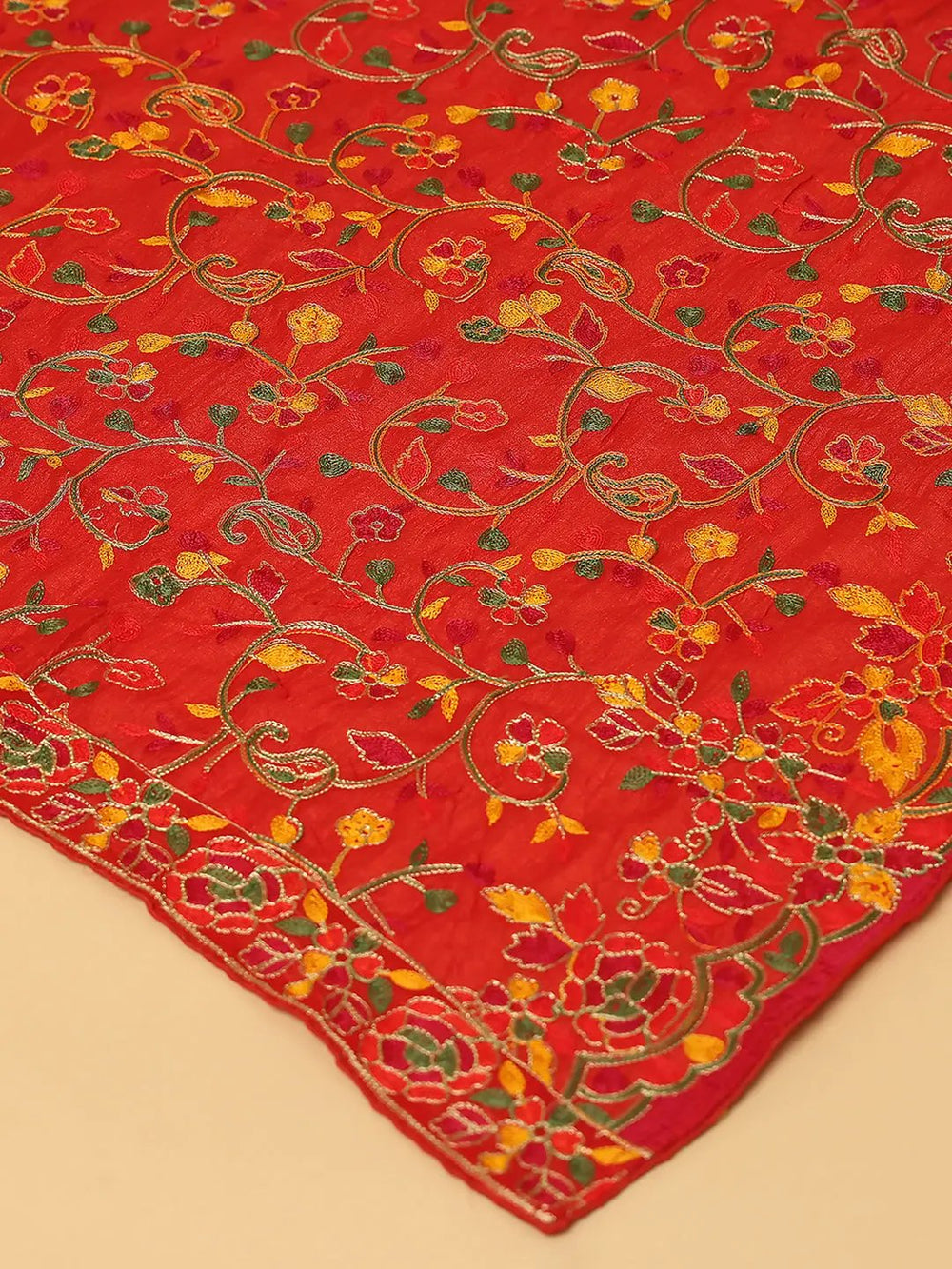 Close-up of Threadwork on Red Poly Chiffon Dupatta