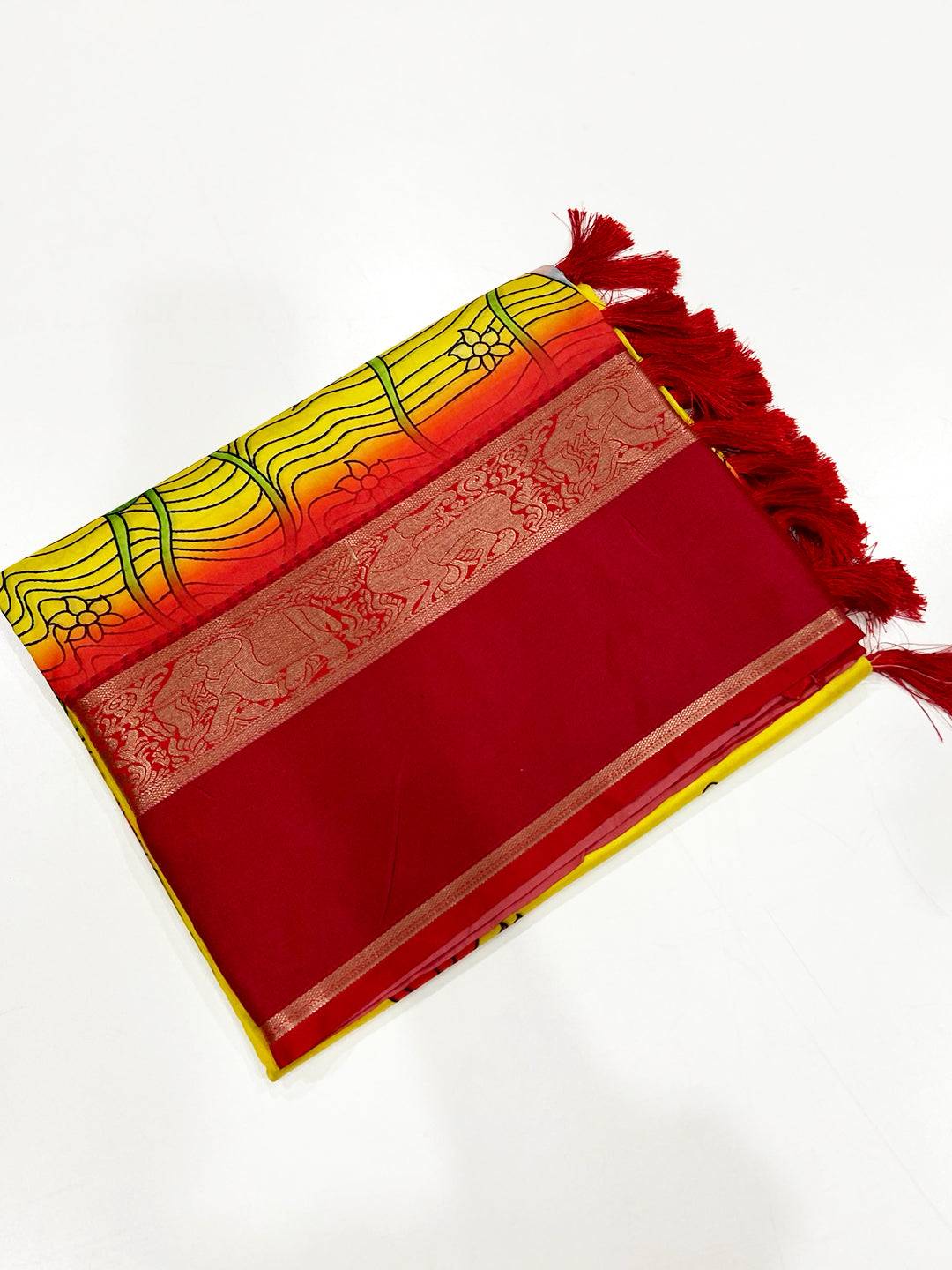 Vibrant Yellow Banarasi Kalamkari Silk Saree
